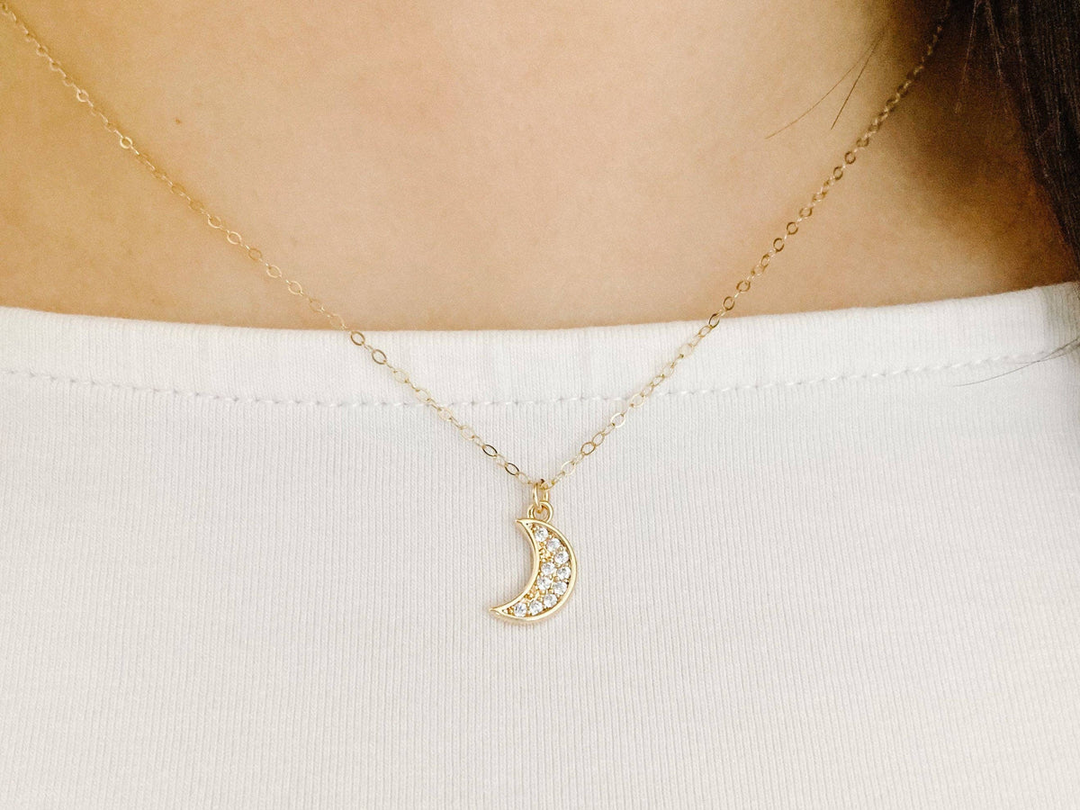 Gold Crescent Moon Charm Pendant Necklace 14K gold filled