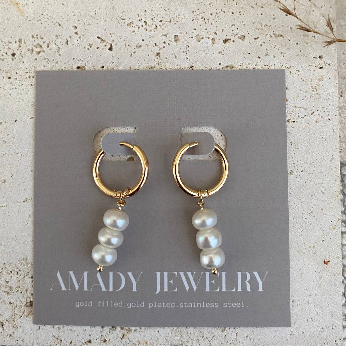 Pearls Dangle Drop Hoop Earrings 14k Gold Plated