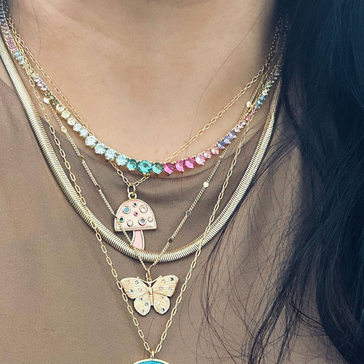 Small mushroom pendant necklace colorful spring summer chain