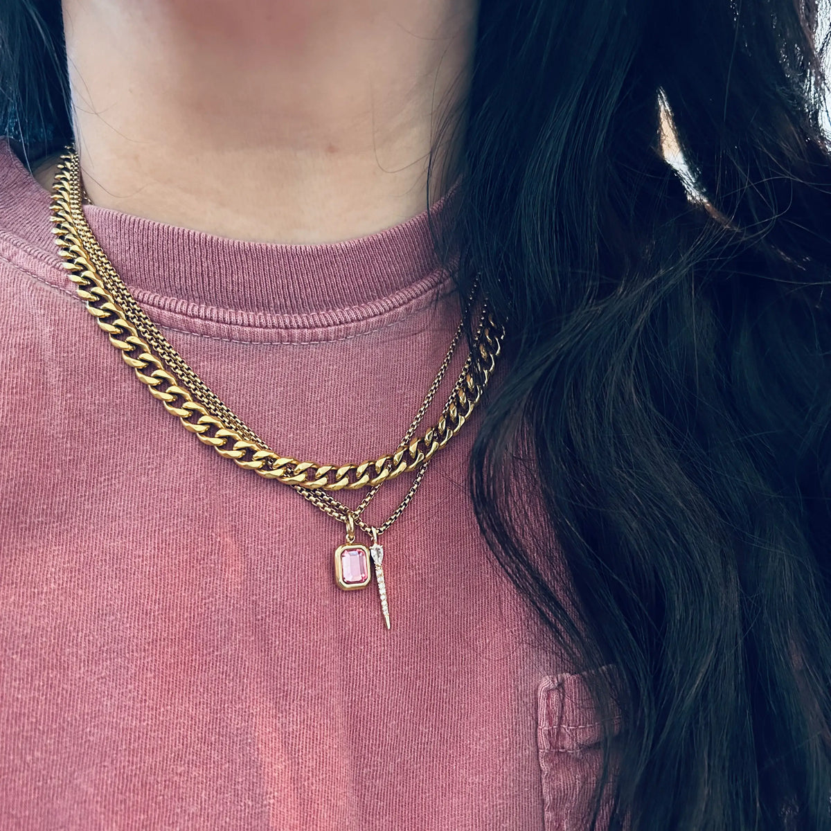Pink Crystal Pendant Necklace 18k gold plated box chain