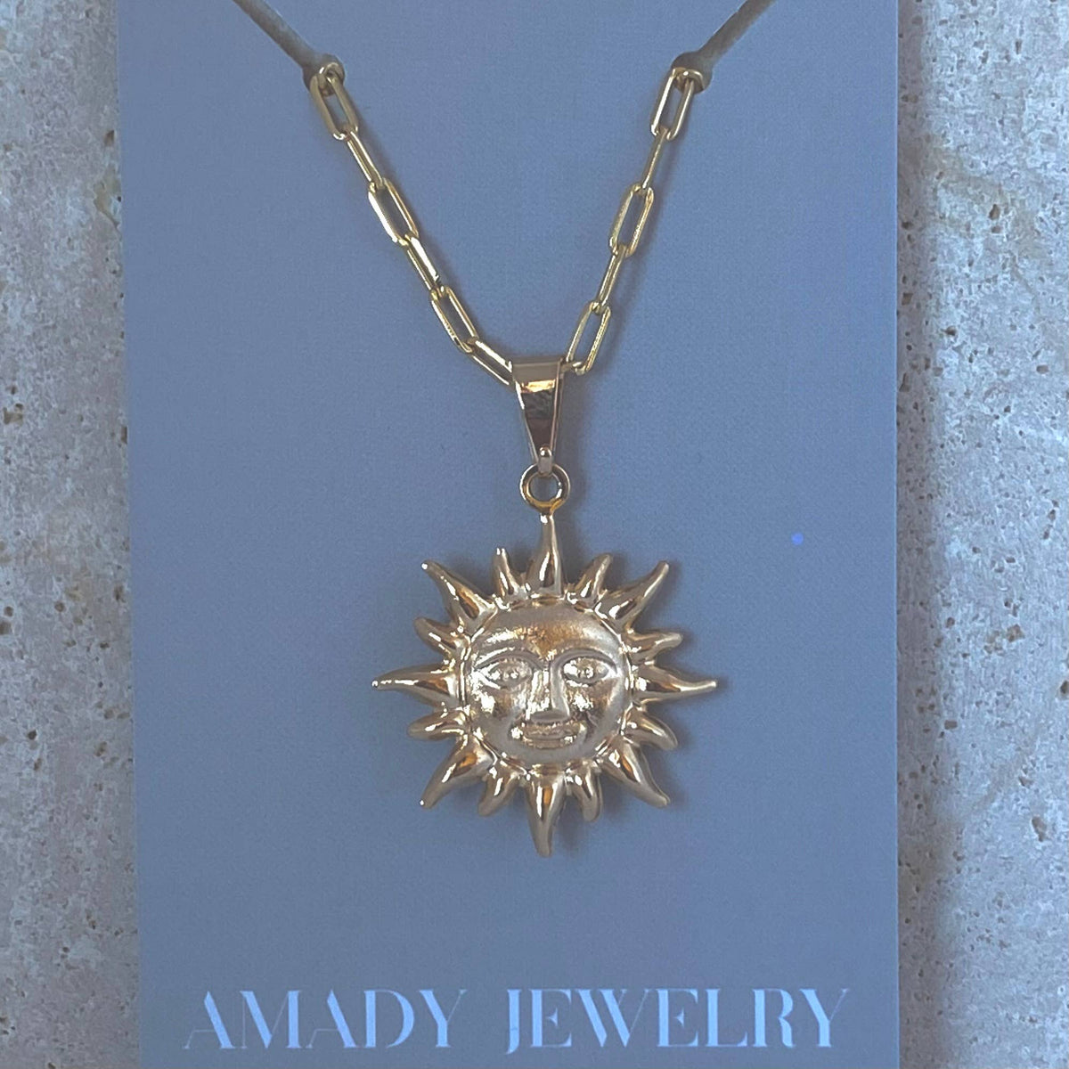 Sun face charm pendant necklace paperclip chain 18k gf
