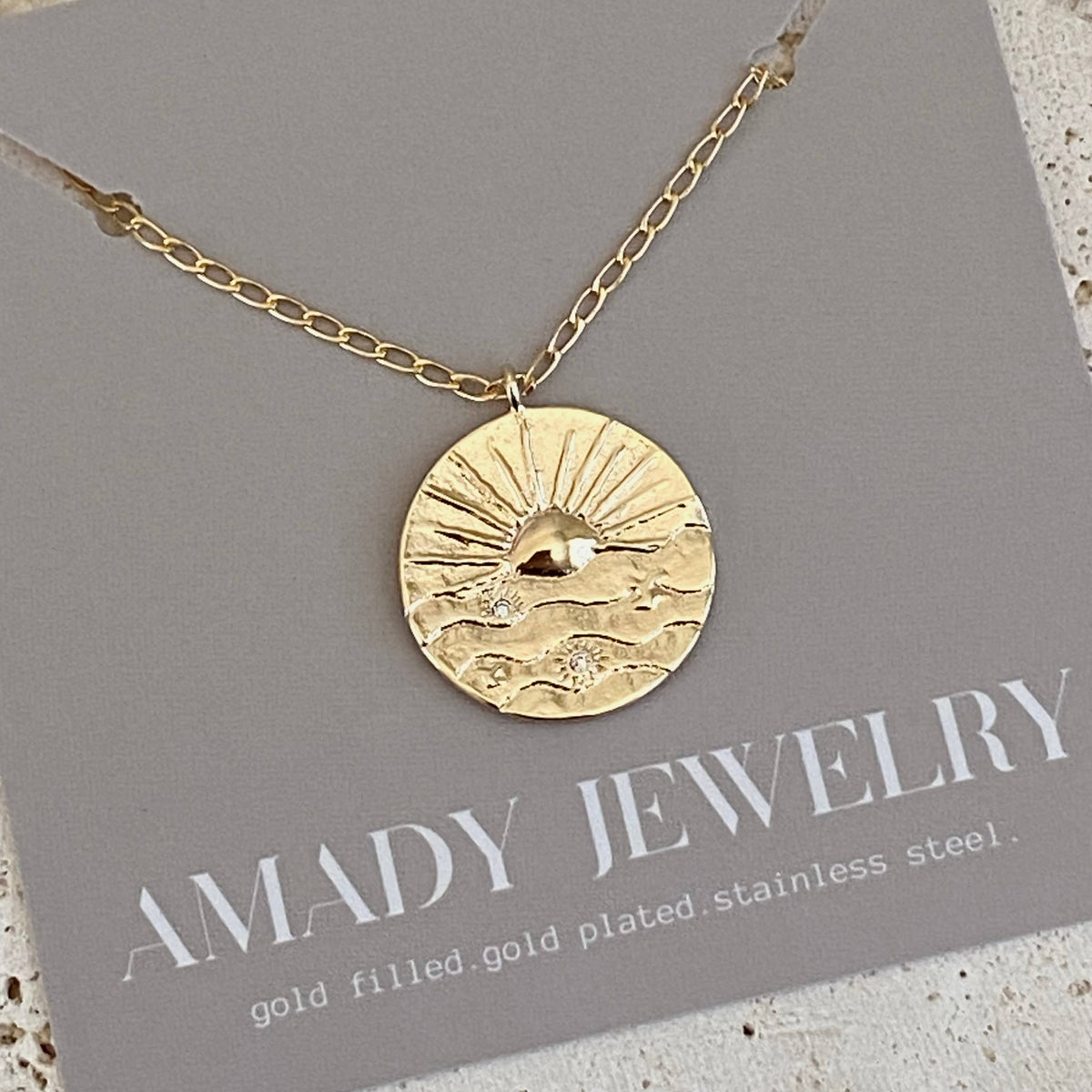 Sunrise sun Coin Medallion chain necklace gold filled plated