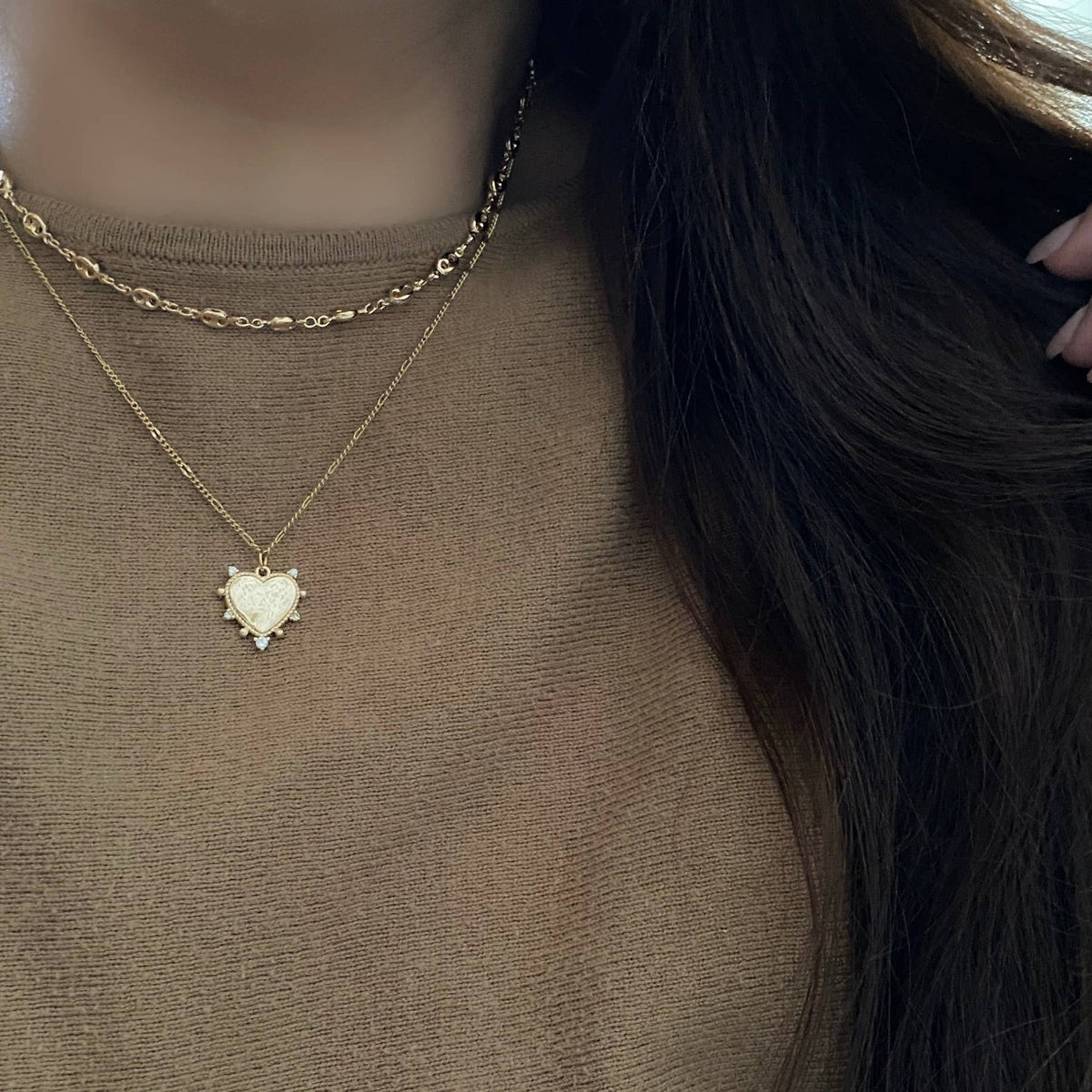 Heart charm pendant necklace 18k gold filled Figaro chain