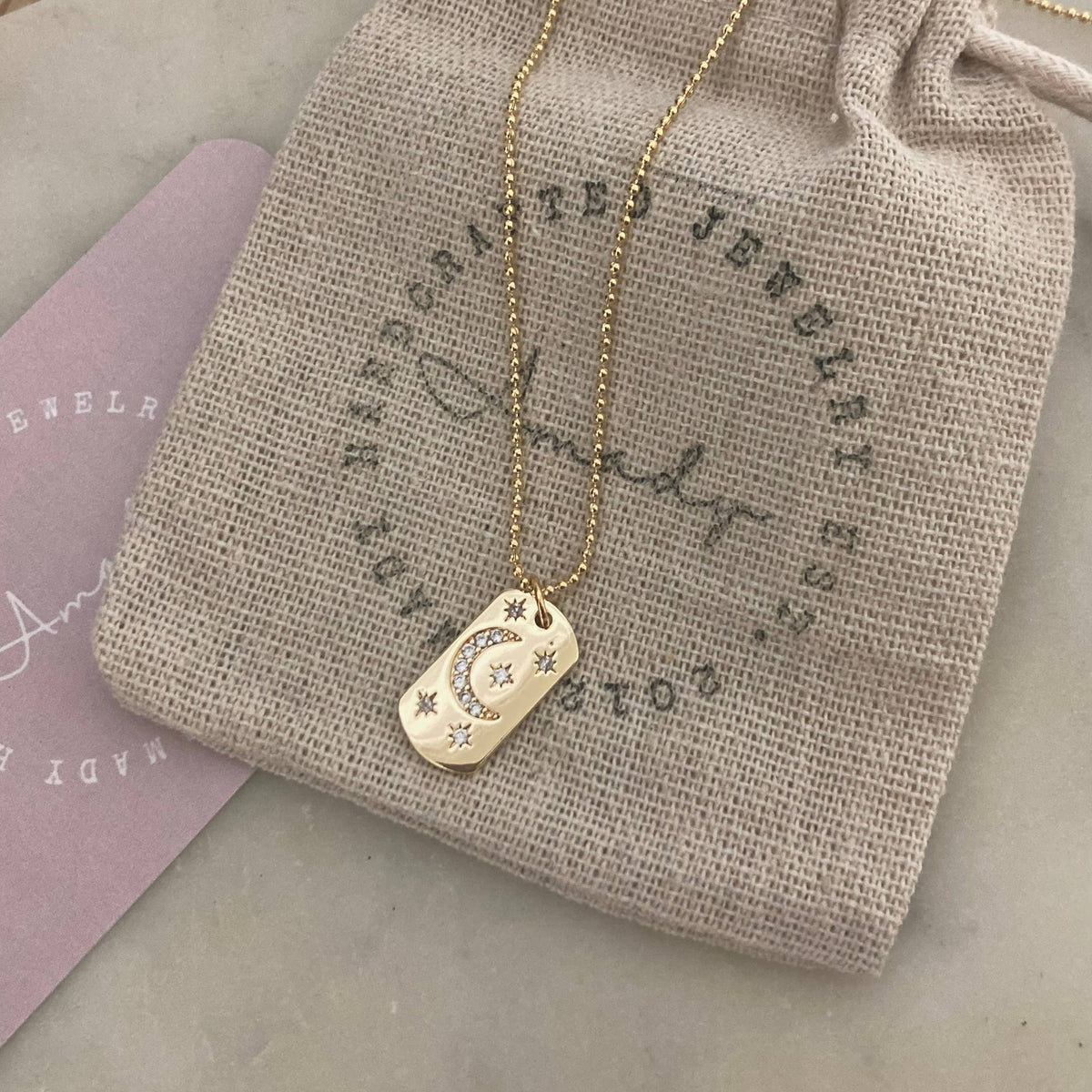 Half Moon Crescent Star Medallion 18K gold dog tag necklace