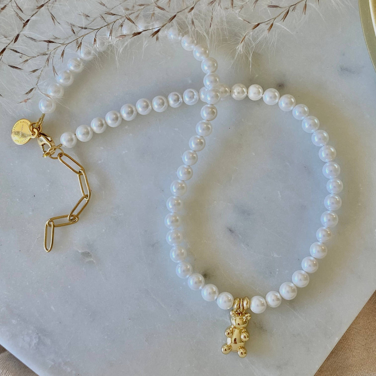 Teddy bear charm, pearls necklace natural mother of pearls