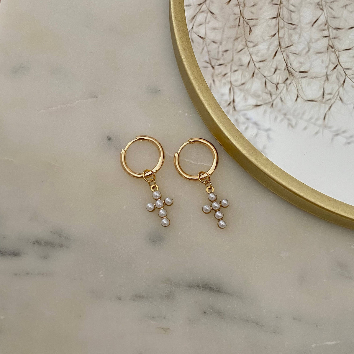 Cross hoops beaded imitation pearls 14k gold plated dangle