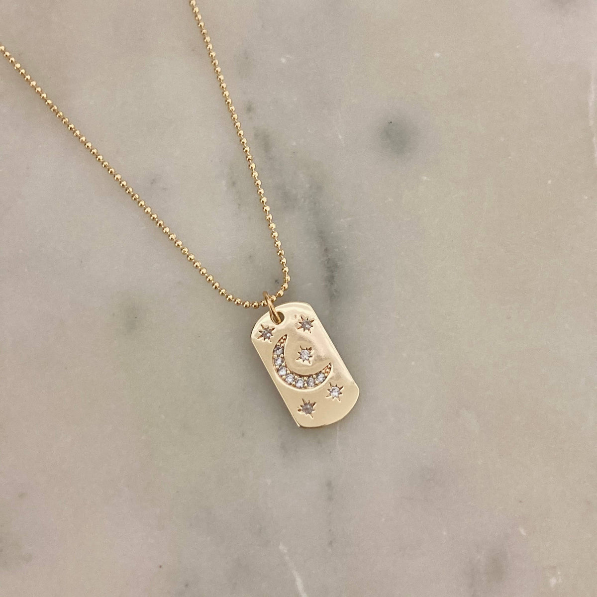 Half Moon Crescent Star Medallion 18K gold dog tag necklace