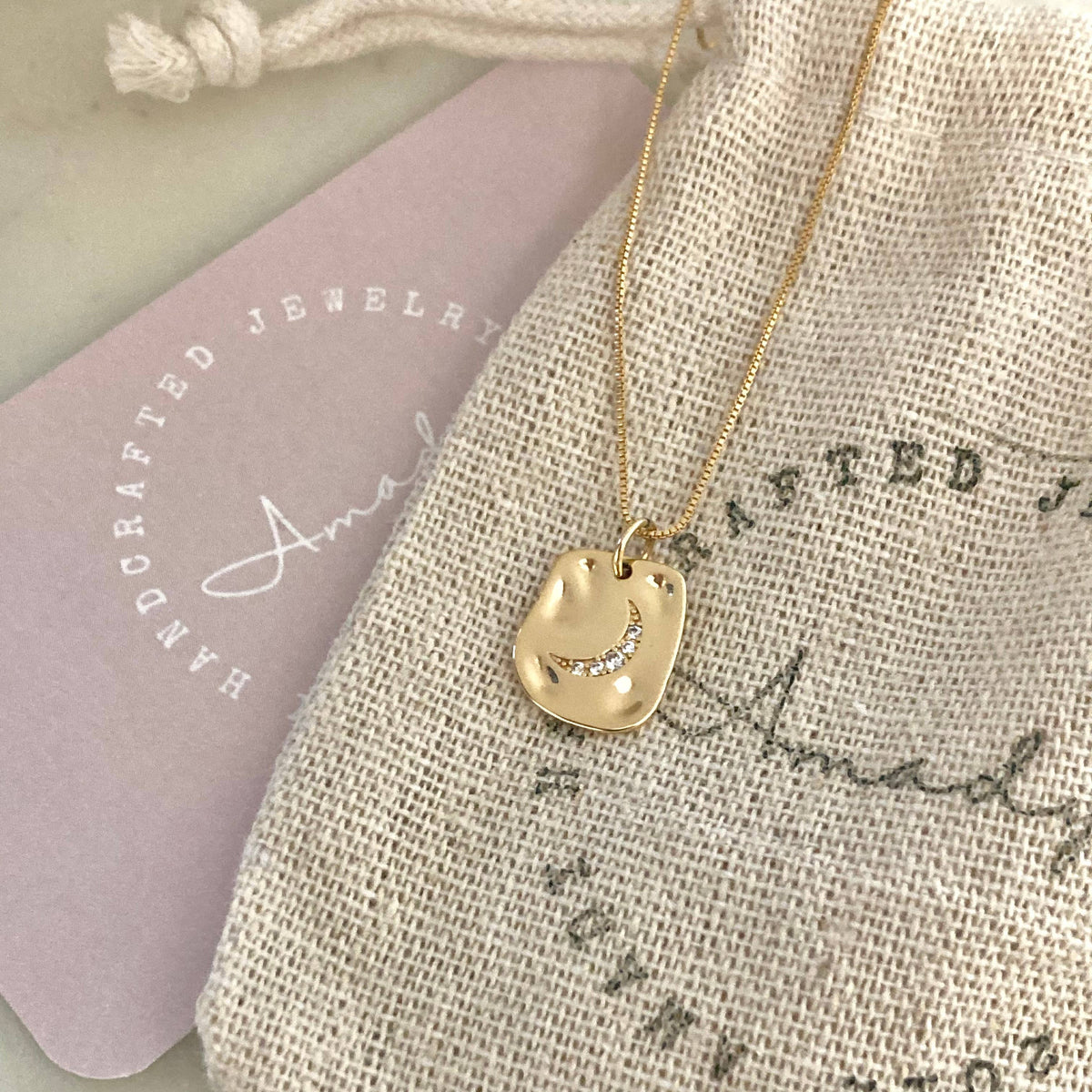 Crescent Half Moon Pendant Necklace 18K Gold Filled chain