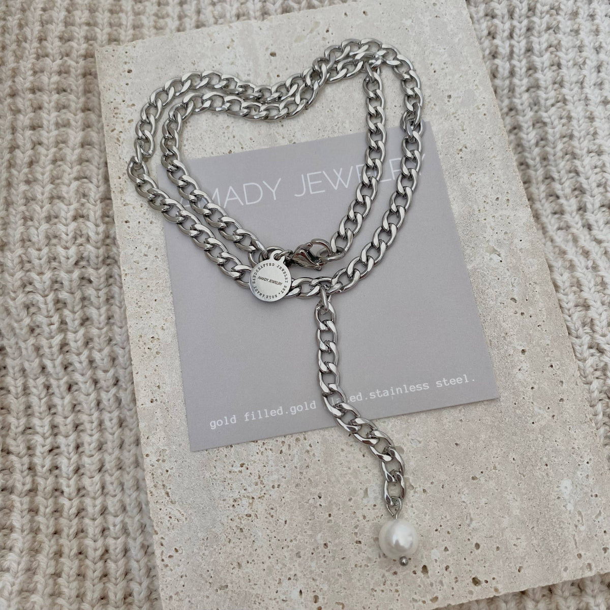 Silver curb link chain and pearl Lariat necklace Y necklace