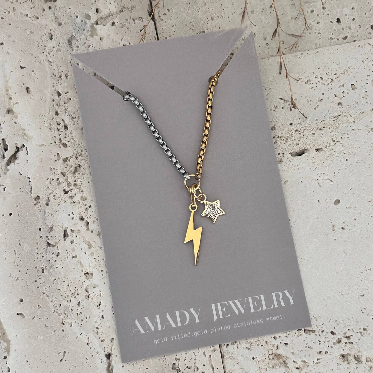 Thunder and star charm pendant necklace two tone silver gold