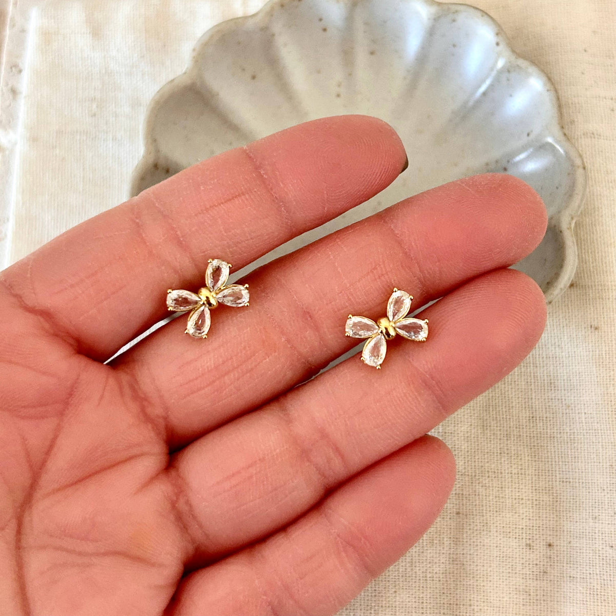 Bowtie cubic zirconia stud post earrings waterproof 18k gp