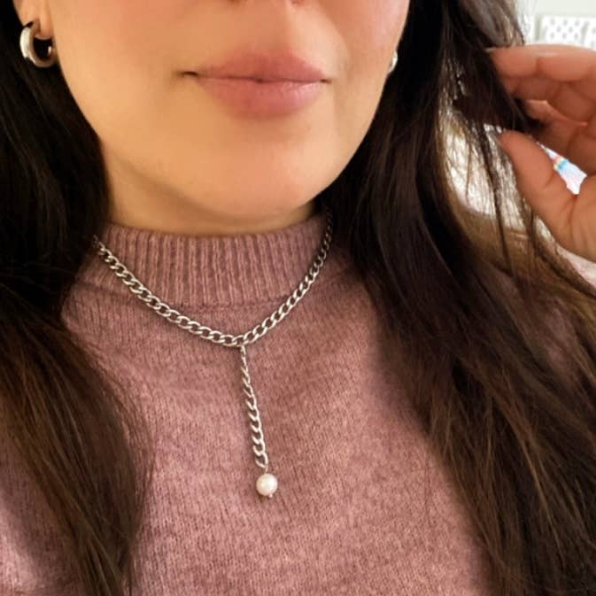 Silver curb link chain and pearl Lariat necklace Y necklace