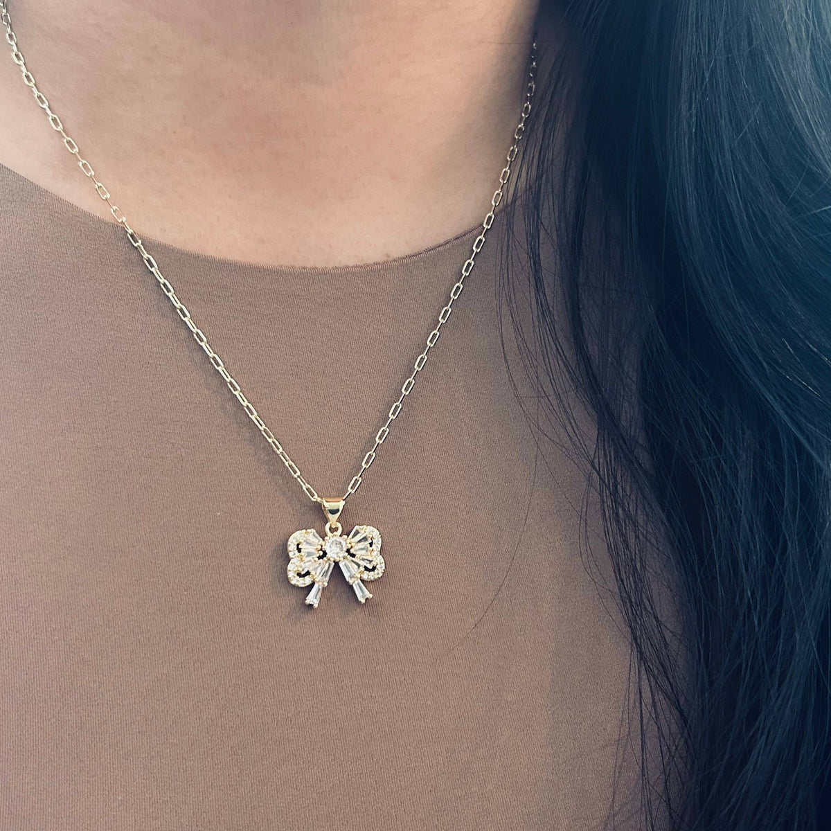 Bow pendant necklace rhinestones 18k gold filled paperclip