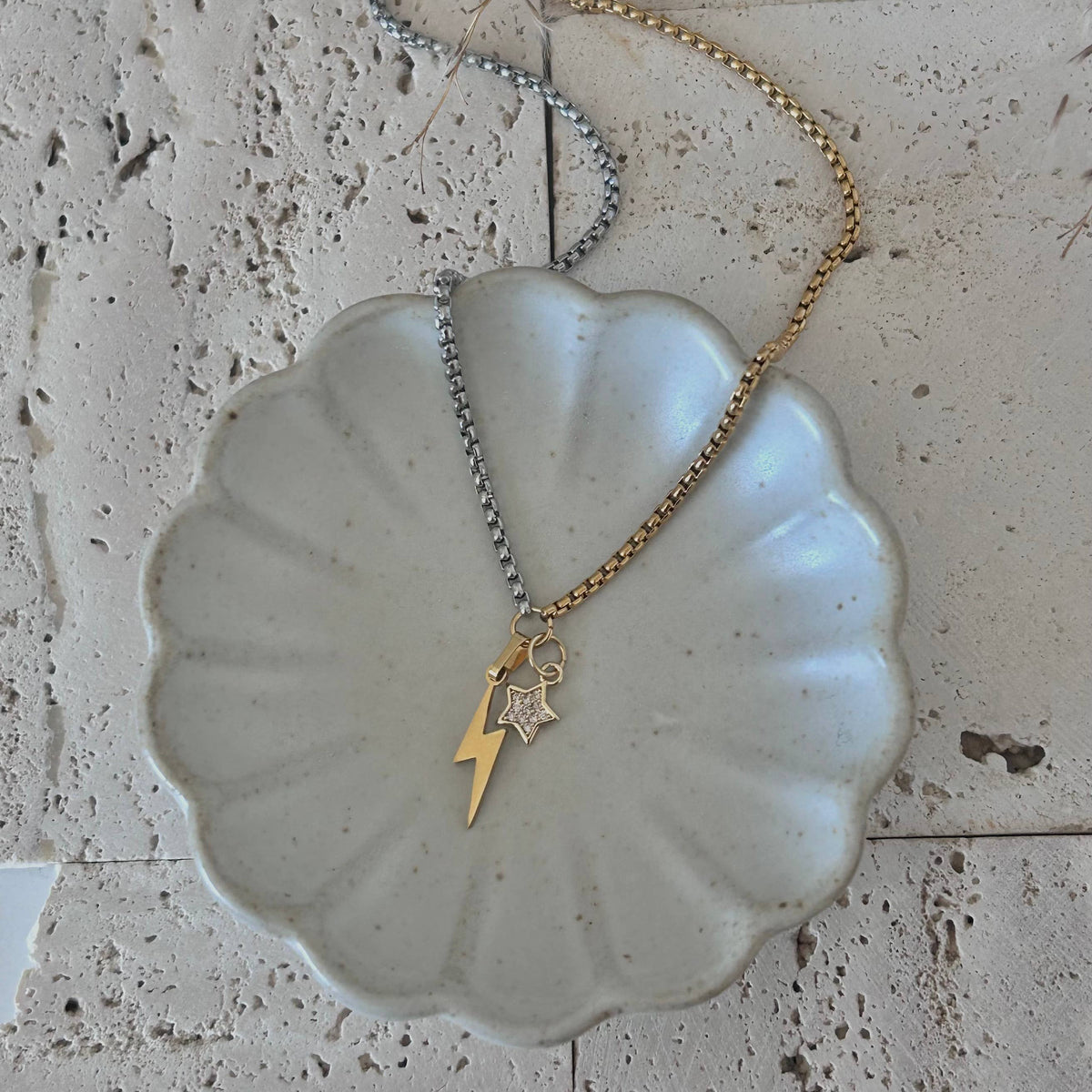 Thunder and star charm pendant necklace two tone silver gold