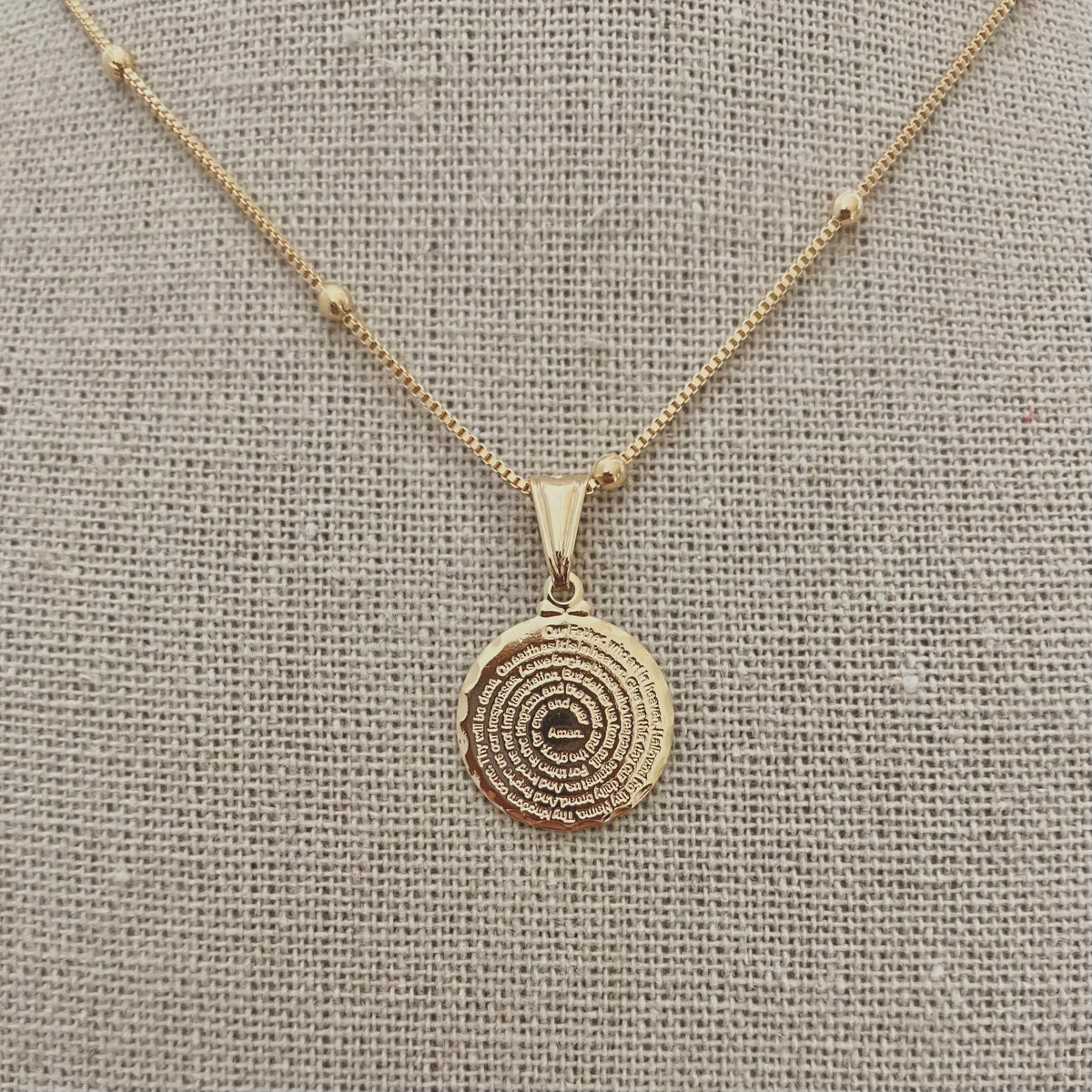 Our Father prayer coin charm necklace 18k GF satellite chain