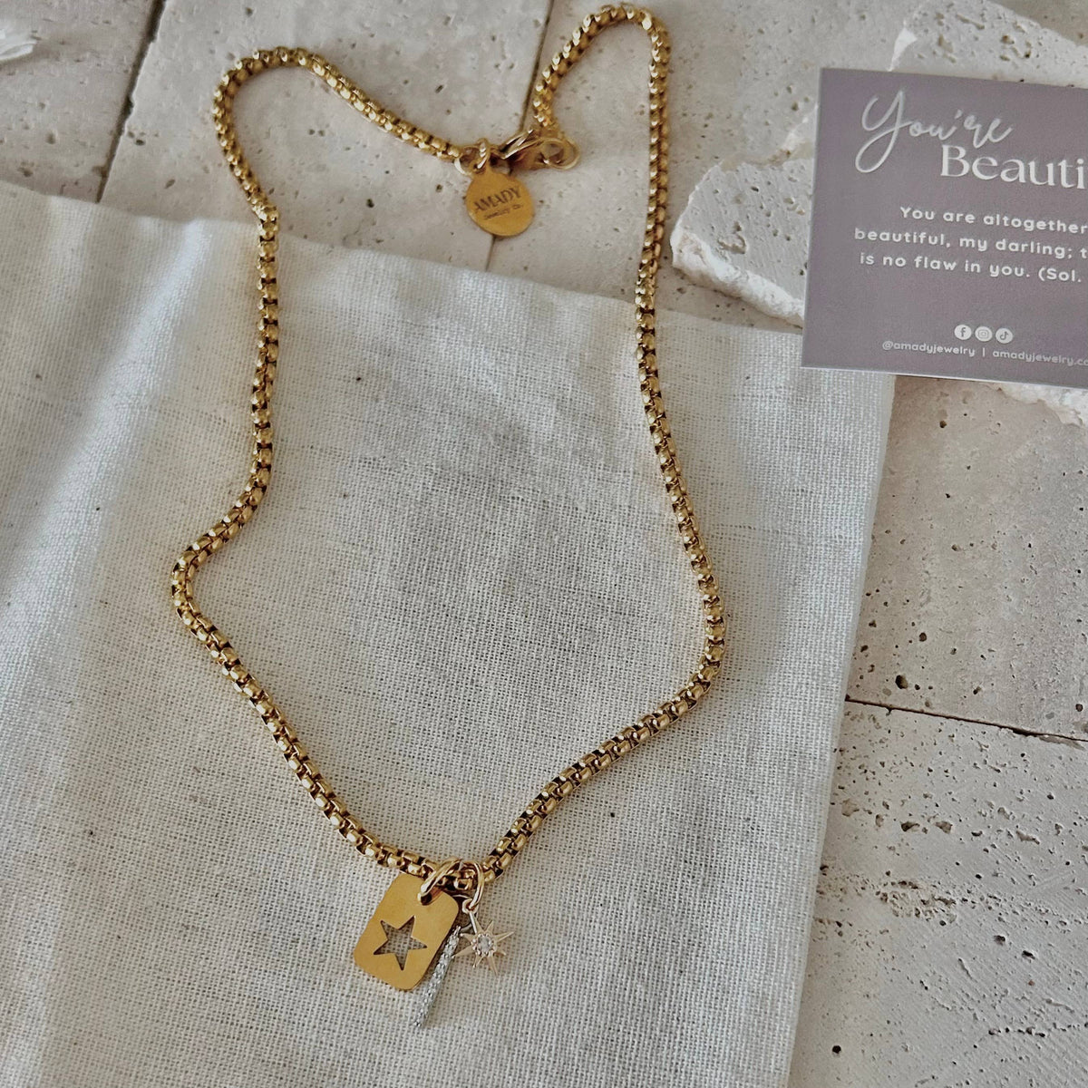 Star tag bar layering necklace gold plated stainless steel