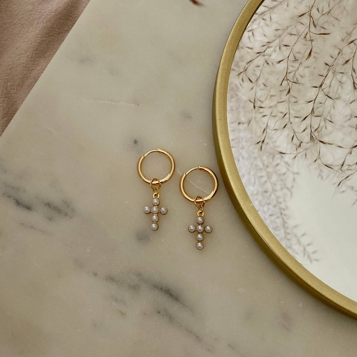 Cross hoops beaded imitation pearls 14k gold plated dangle