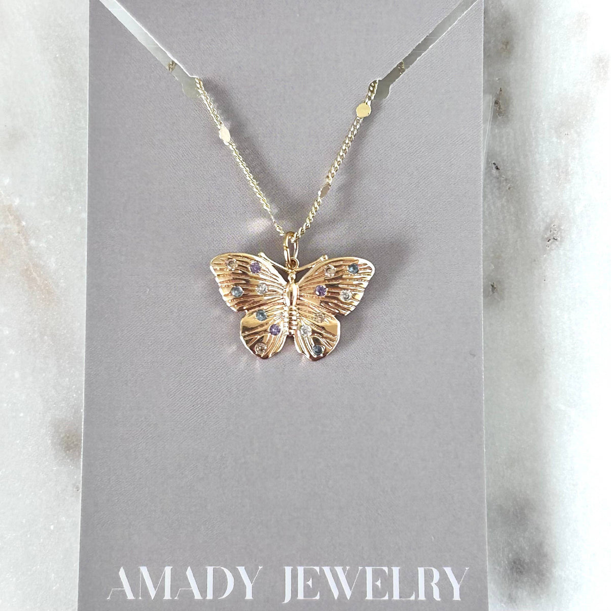 Butterfly necklace colorful crystals on it water resistant