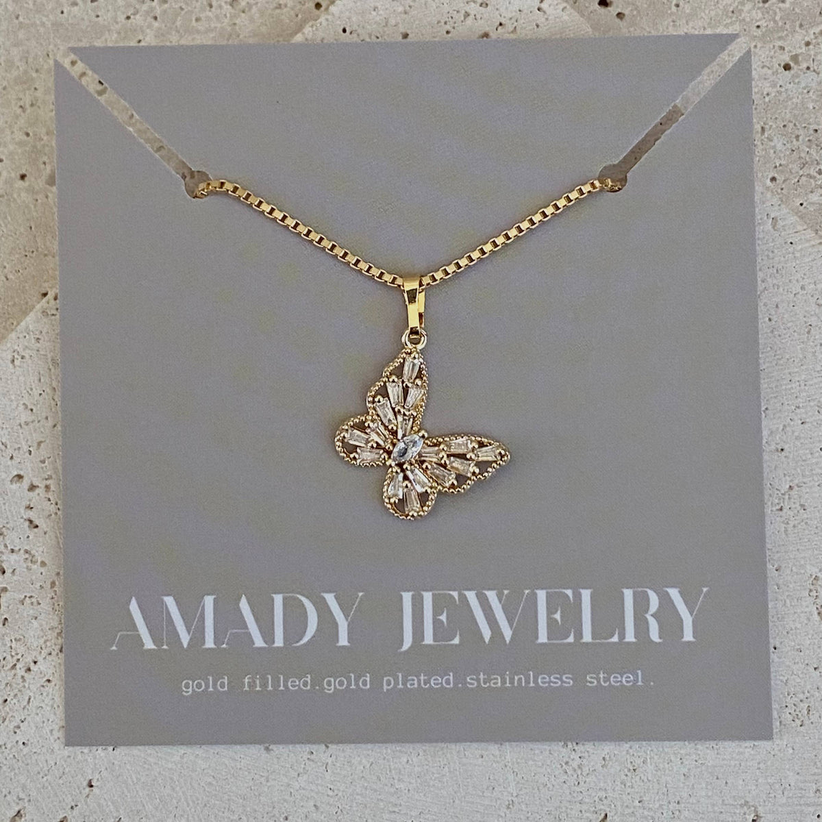 Butterfly Rhinestones Charm Pendant Necklace 18 Gold Filled