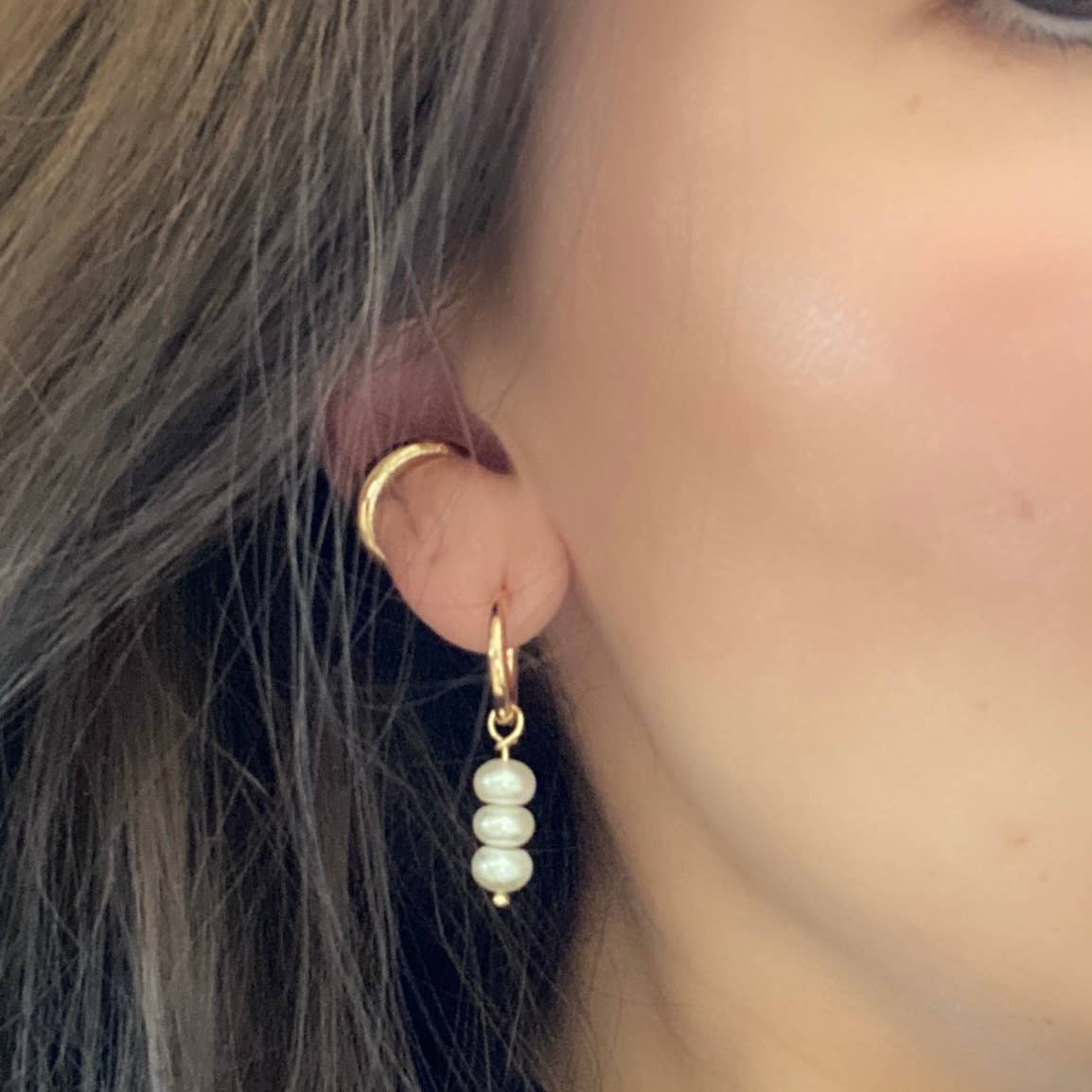 Pearls Dangle Drop Hoop Earrings 14k Gold Plated