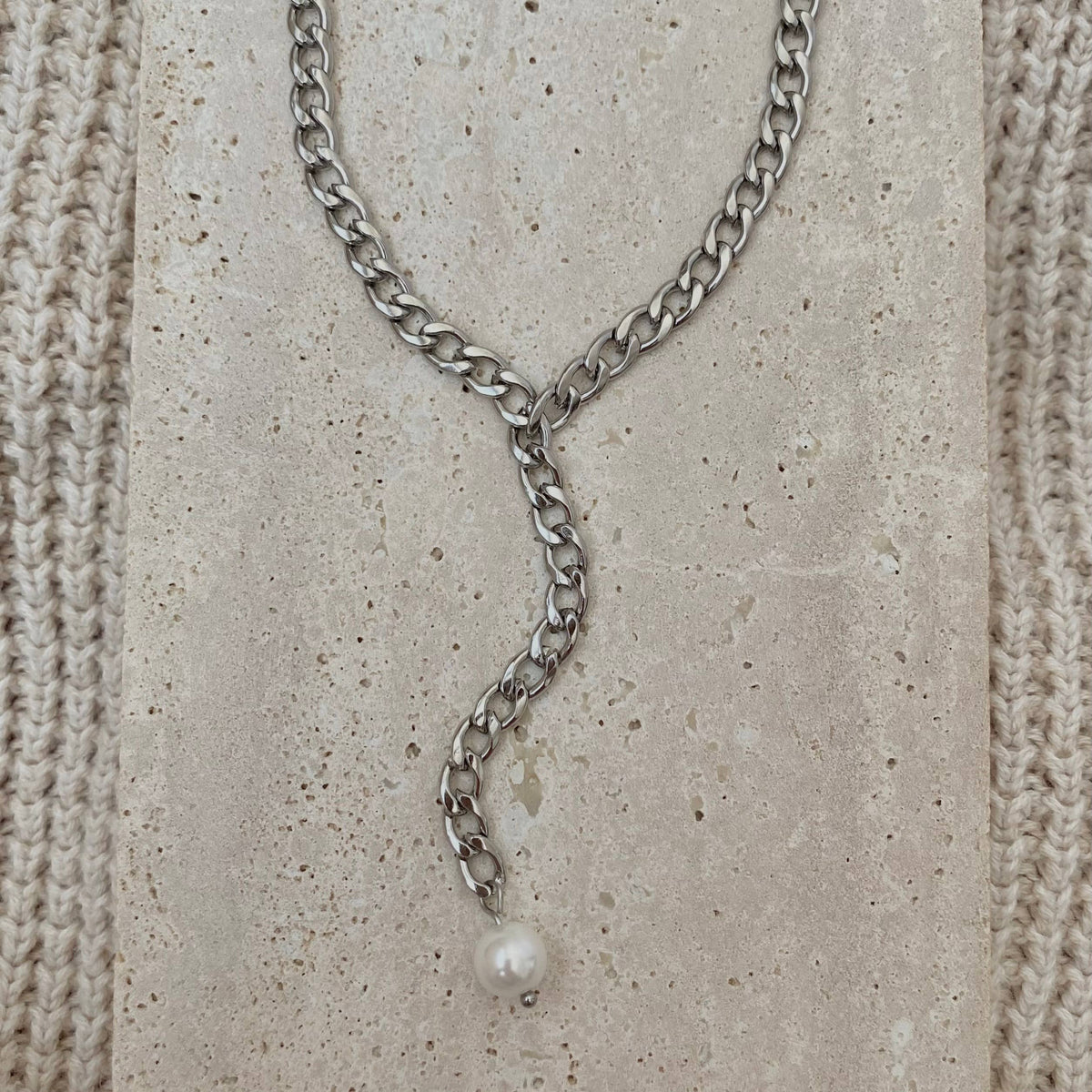 Silver curb link chain and pearl Lariat necklace Y necklace