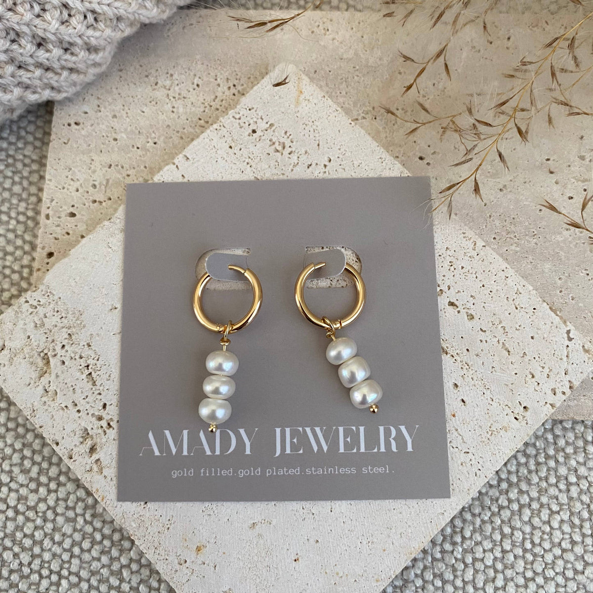 Pearls Dangle Drop Hoop Earrings 14k Gold Plated