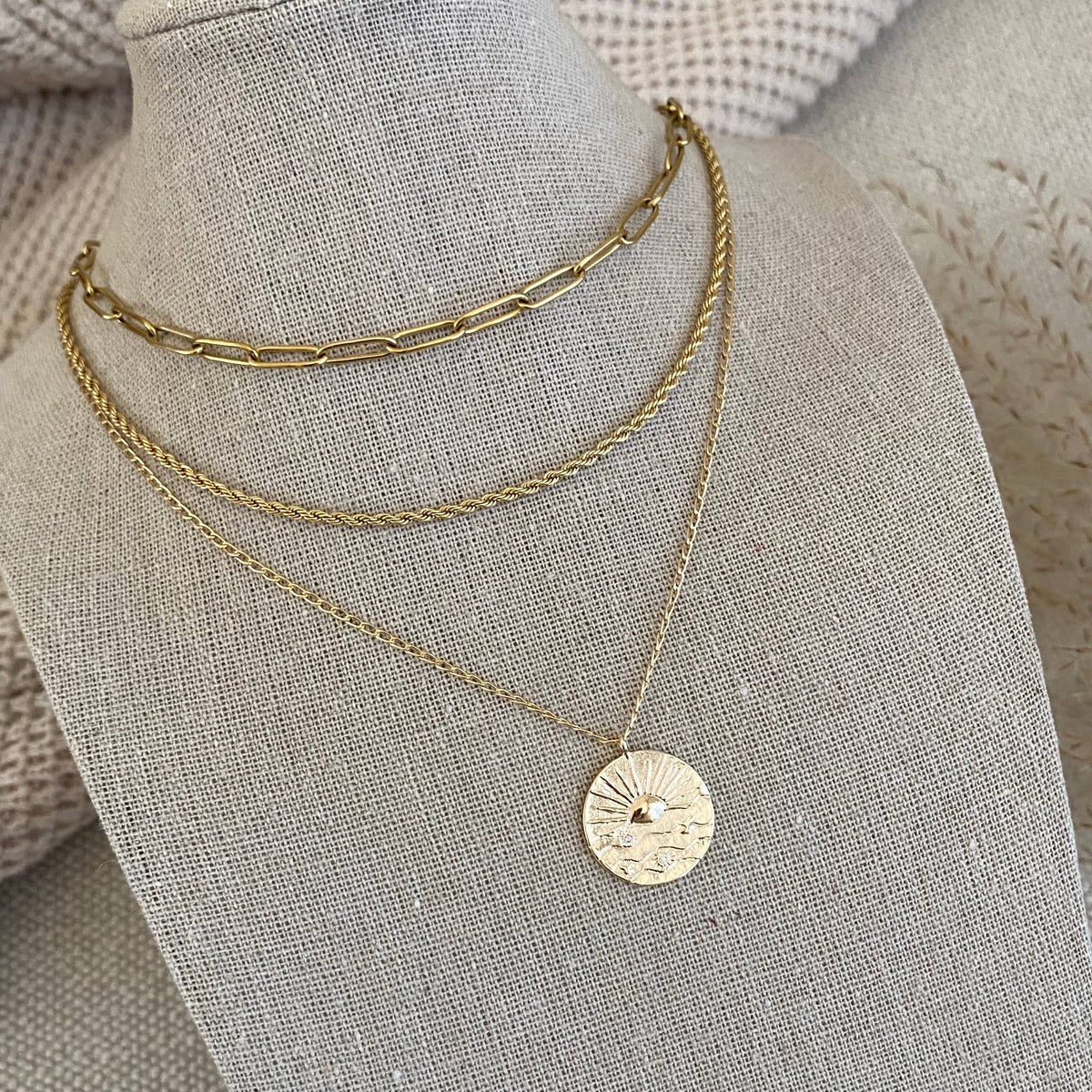 Sunrise sun Coin Medallion chain necklace gold filled plated