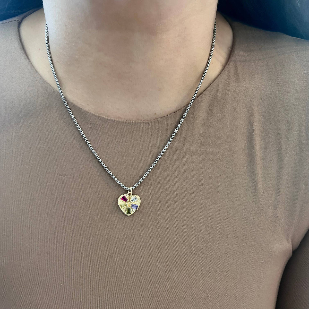 Pave Heart charm pendant necklace gold and silver layering