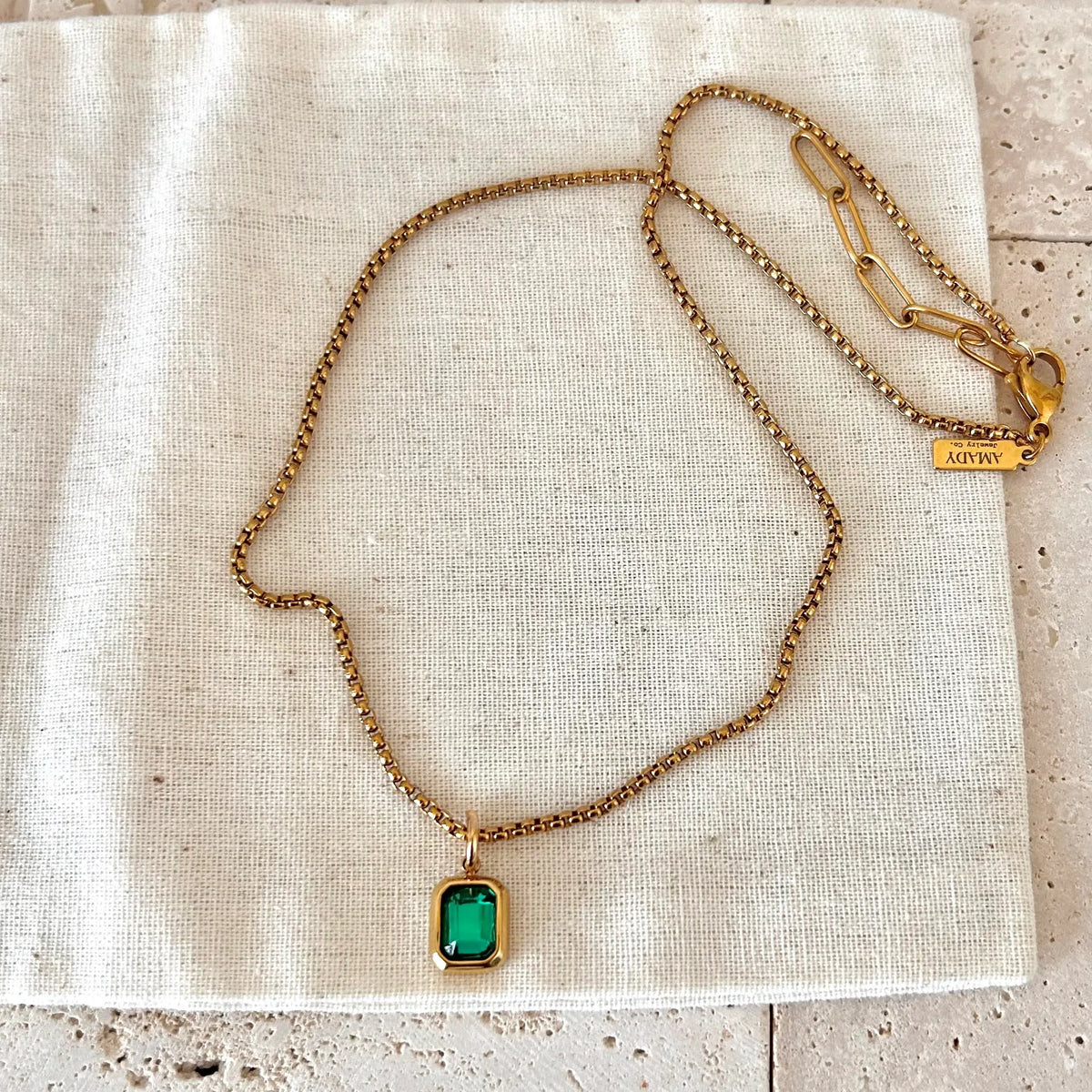 Green Crystal Pendant Necklace 18k gold plated box chain