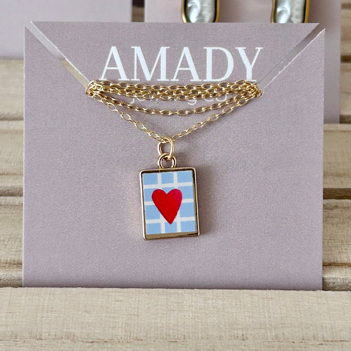 Red Heart card charm pendant necklace 18k gold filled