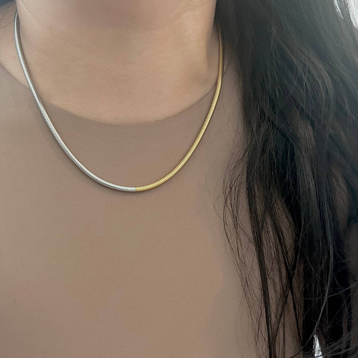Gold Silver snake chain necklace two double tone ombre