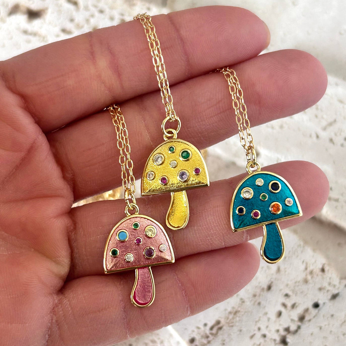 Small mushroom pendant necklace colorful spring summer chain