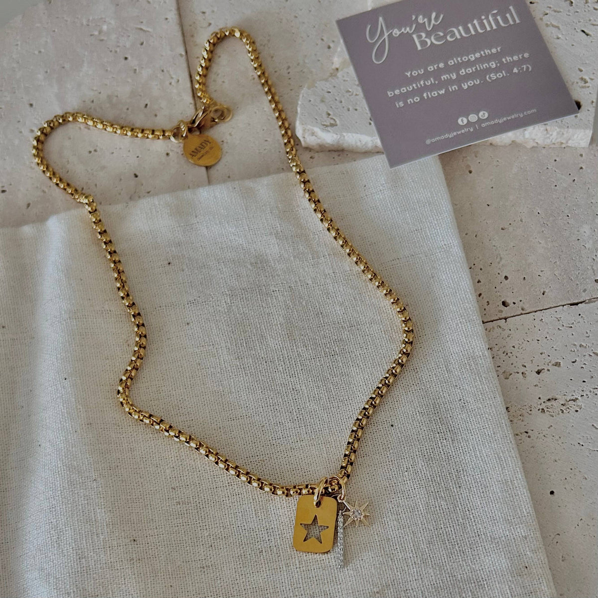 Star tag bar layering necklace gold plated stainless steel