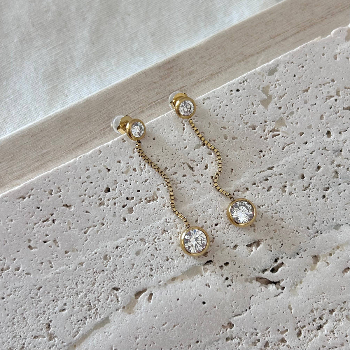 Gold beaded drop long dangle earrings with crystals