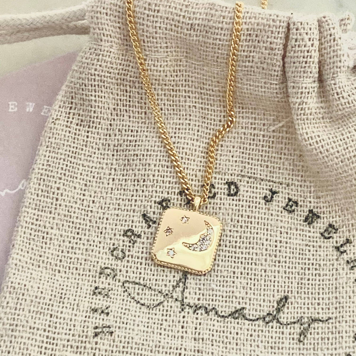 Square Medallion Coin Crescent Moon 18K gold filled necklace
