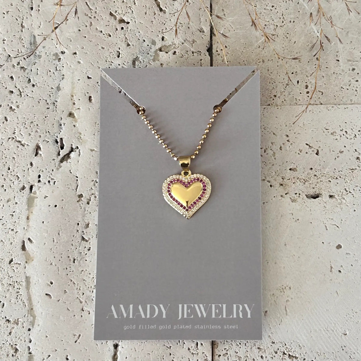 Small Heart Pave Pendant necklace pink glass beaded chain