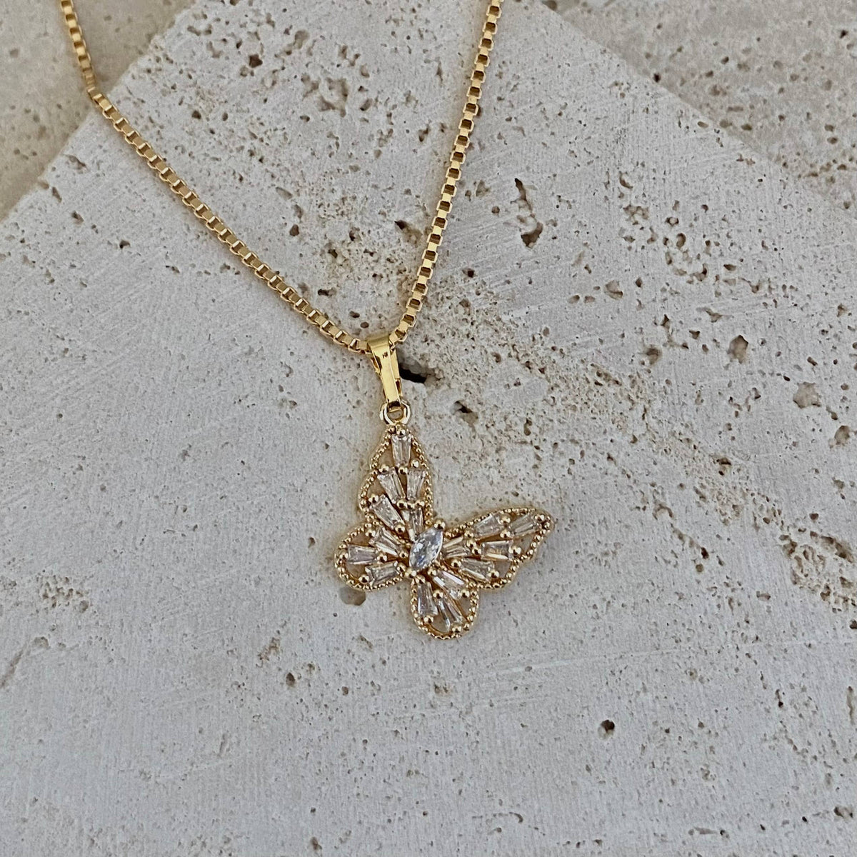Butterfly Rhinestones Charm Pendant Necklace 18 Gold Filled