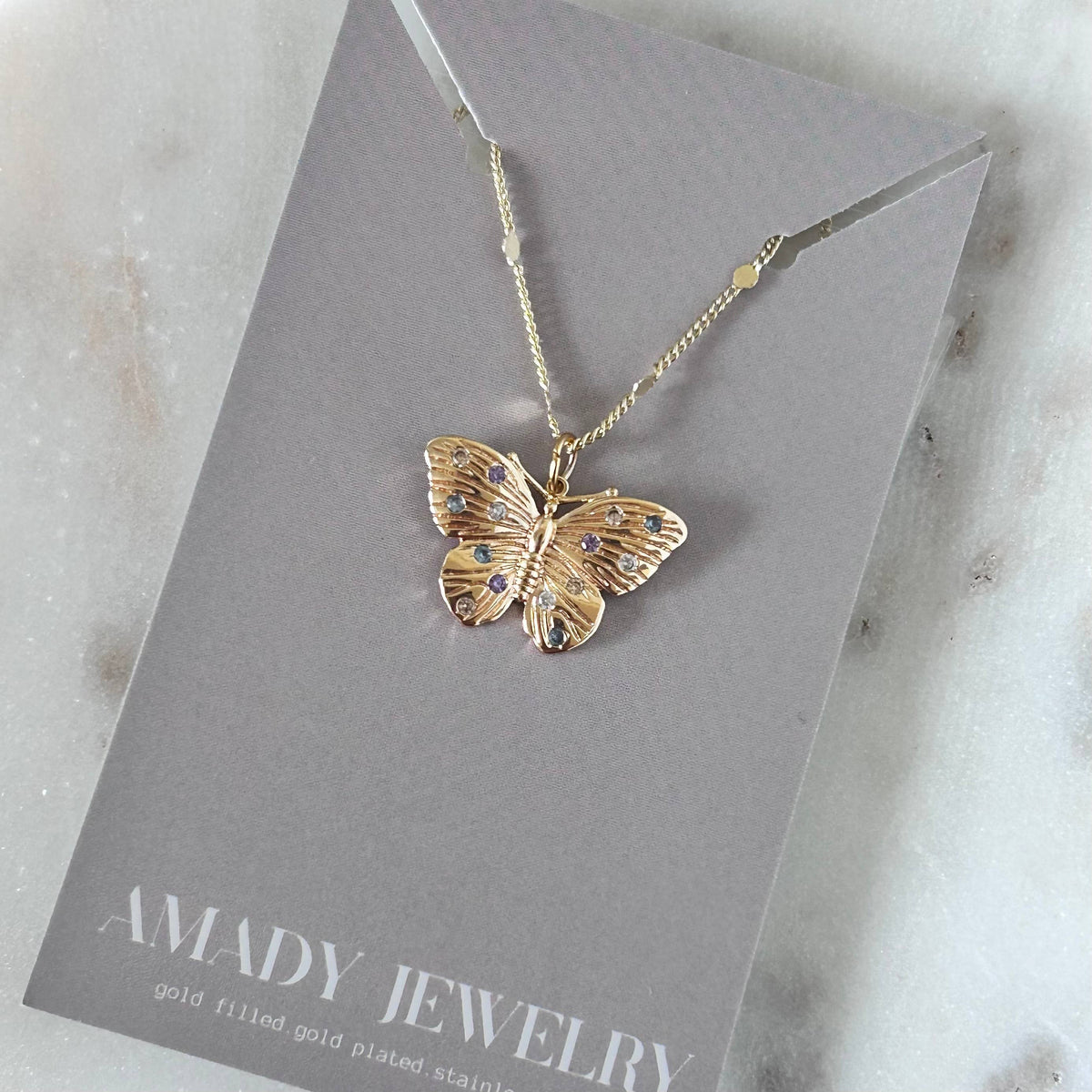 Butterfly necklace colorful crystals on it water resistant