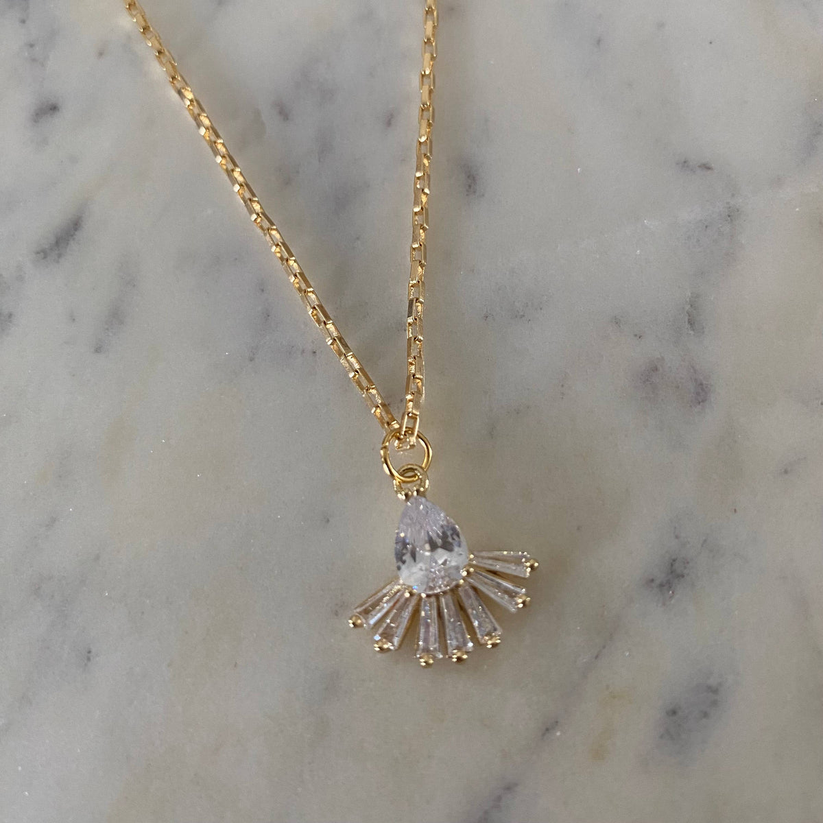 Pear shape fan glass necklace 18k gold fill water resistant
