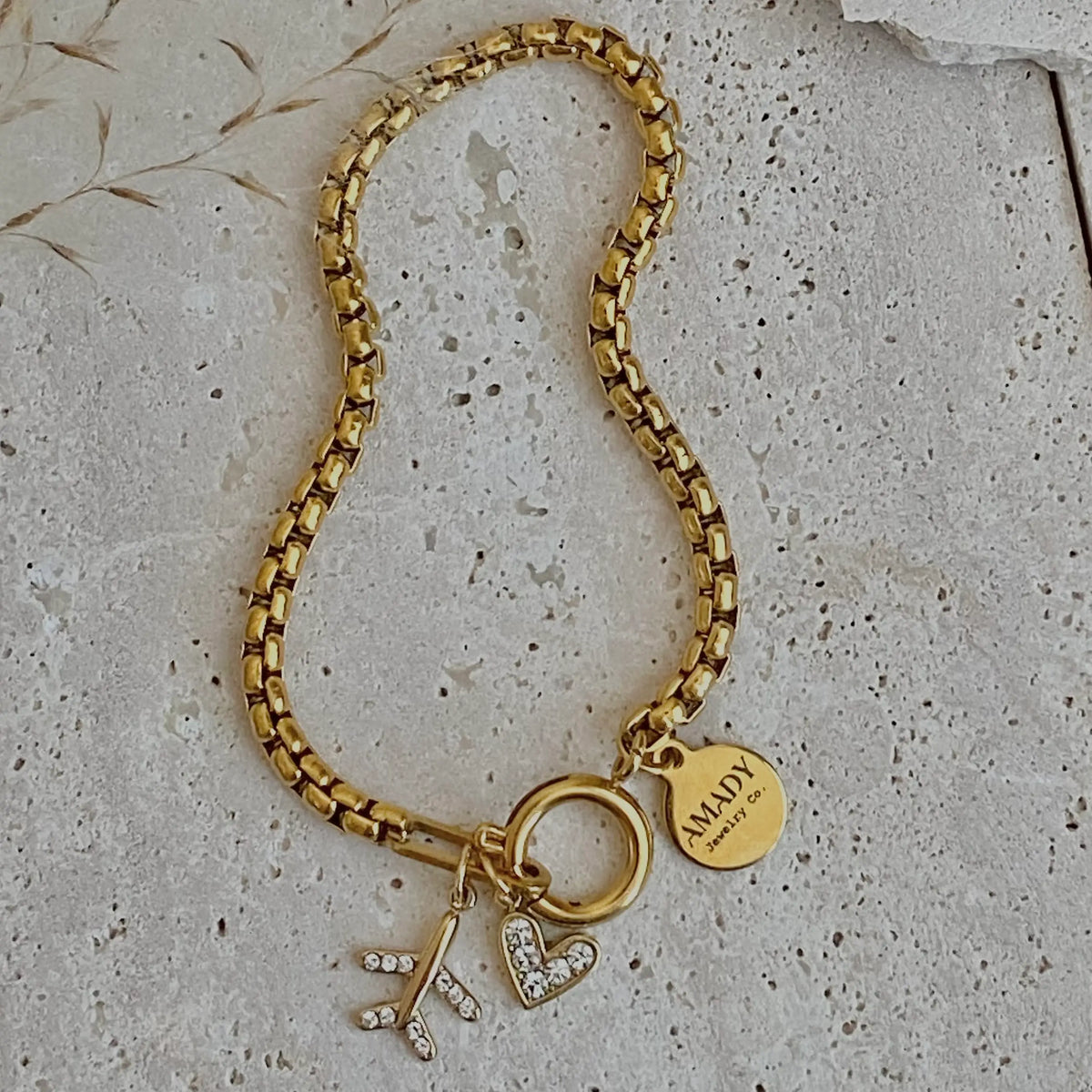 Traveler travel Bracelet airplane plane heart gold plated