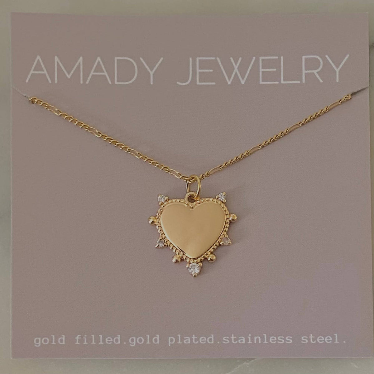 Heart charm pendant necklace 18k gold filled Figaro chain