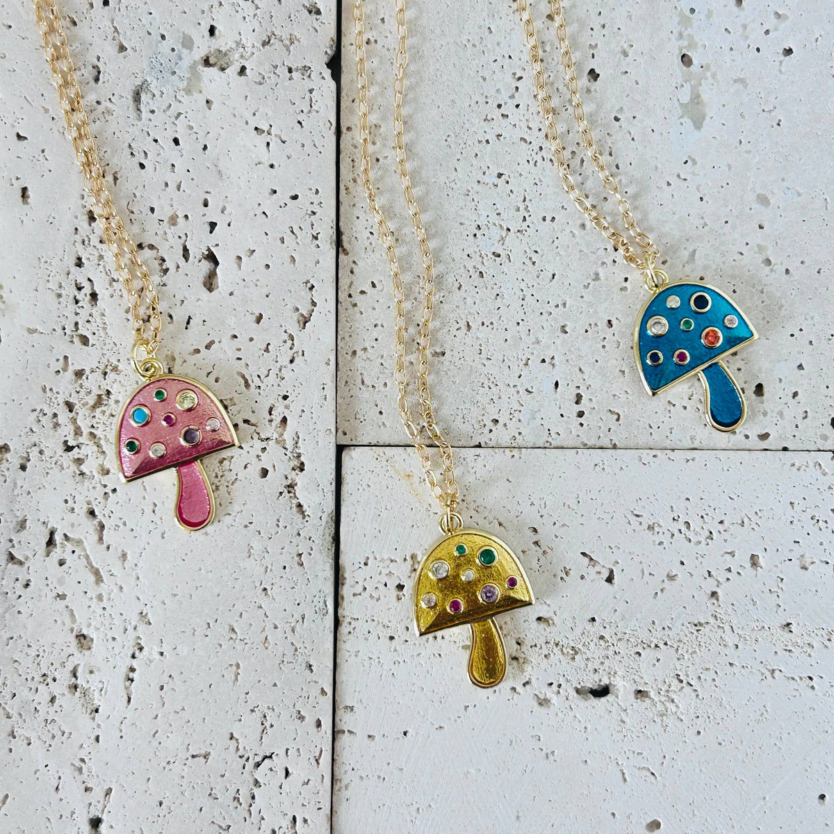 Small mushroom pendant necklace colorful spring summer chain