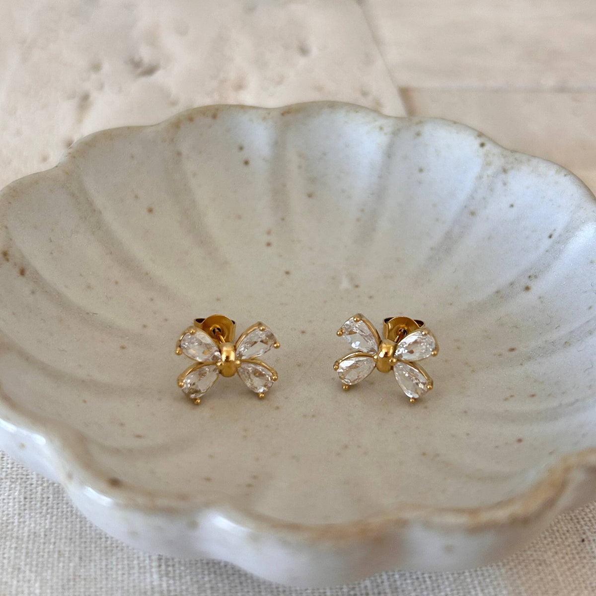 Bowtie cubic zirconia stud post earrings waterproof 18k gp