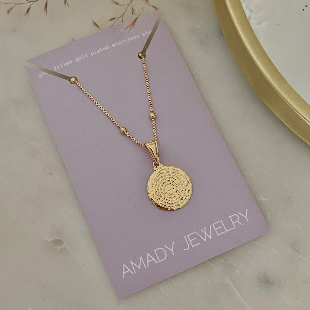 Our Father prayer coin charm necklace 18k GF satellite chain