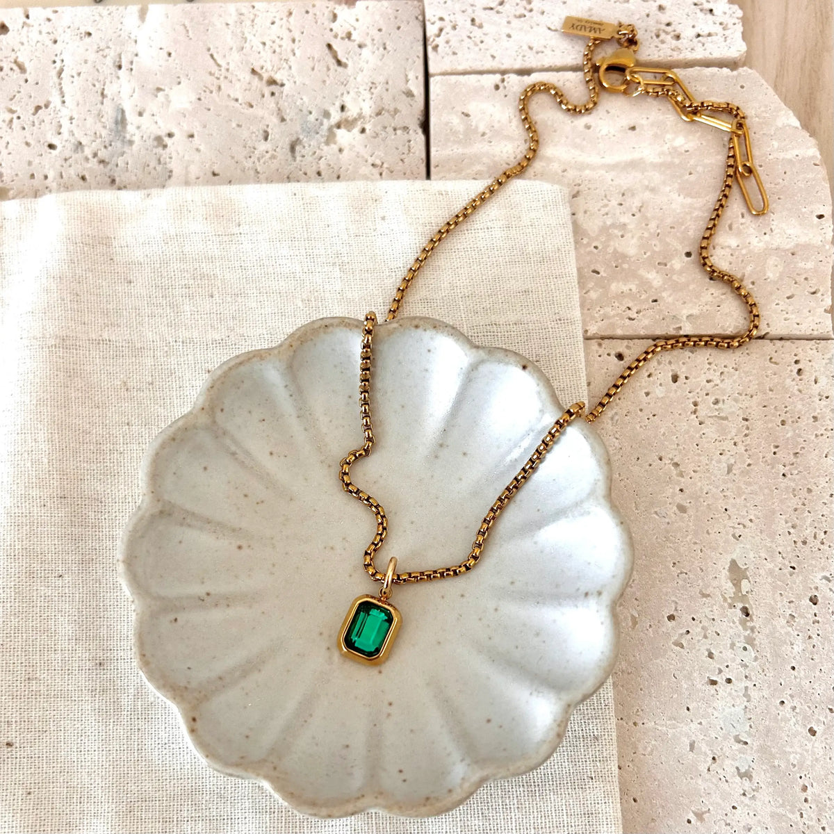 Green Crystal Pendant Necklace 18k gold plated box chain