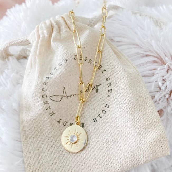 Gold sun coin necklace paperclip gold plated chain medallion