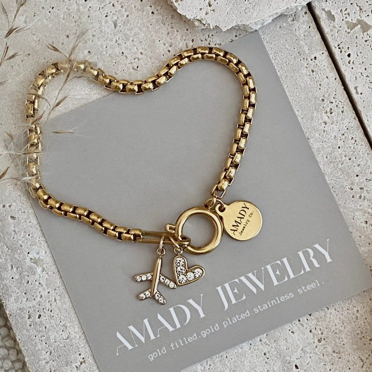 Traveler travel Bracelet airplane plane heart gold plated