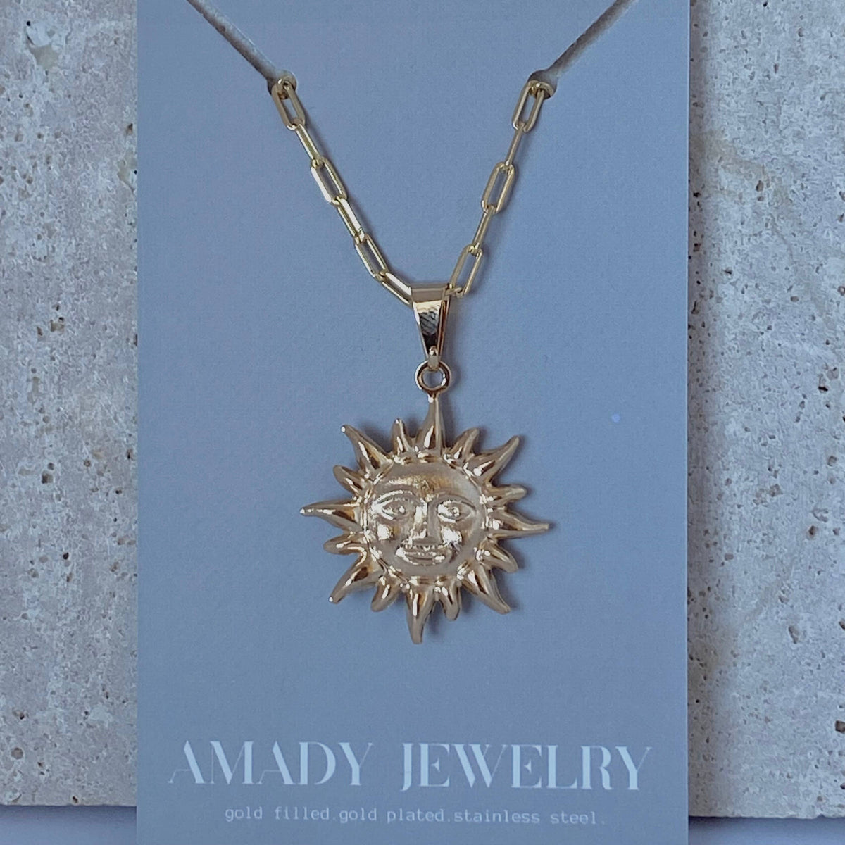 Sun face charm pendant necklace paperclip chain 18k gf