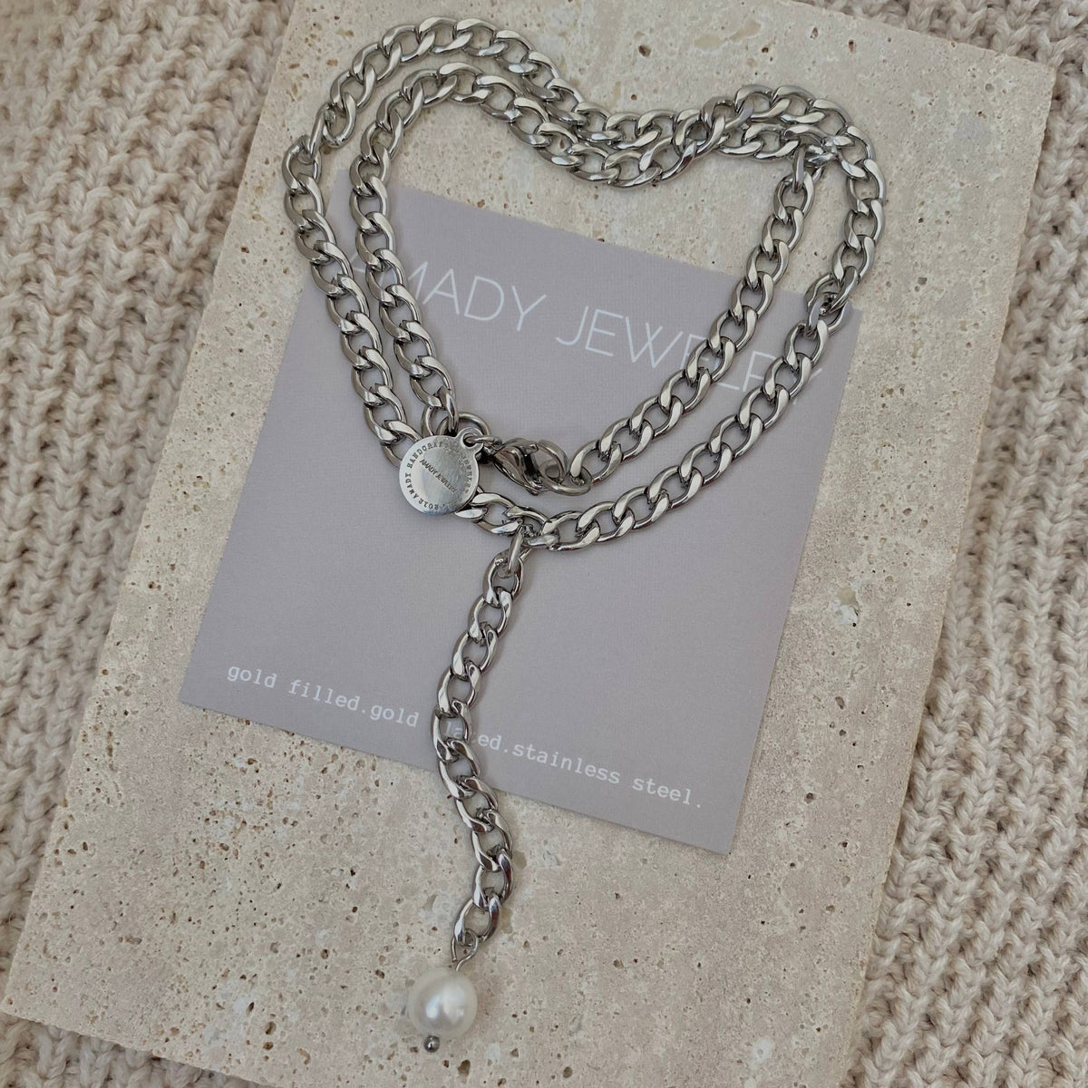Silver curb link chain and pearl Lariat necklace Y necklace