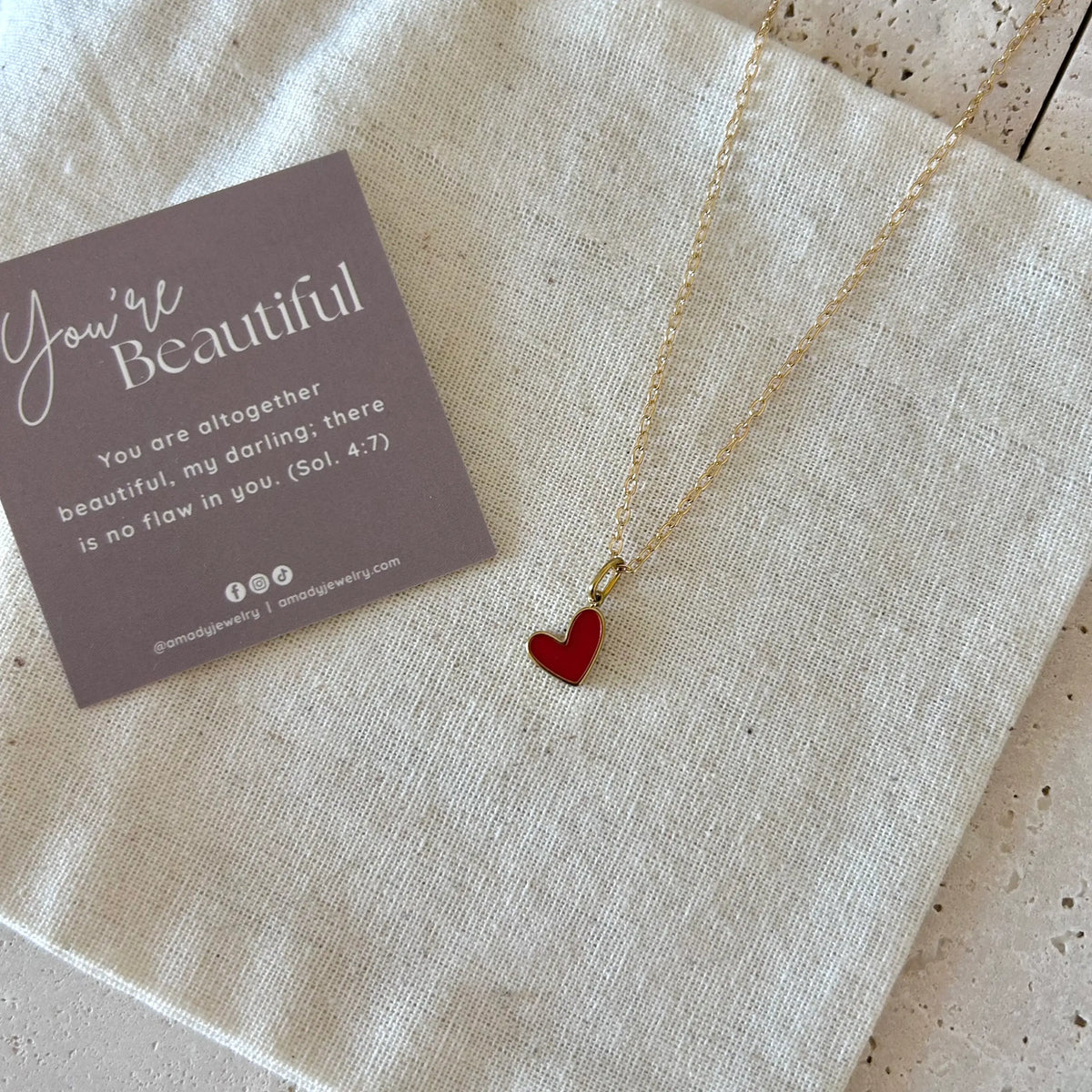 Dainty heart necklace red charm pendant love 18k gold filled